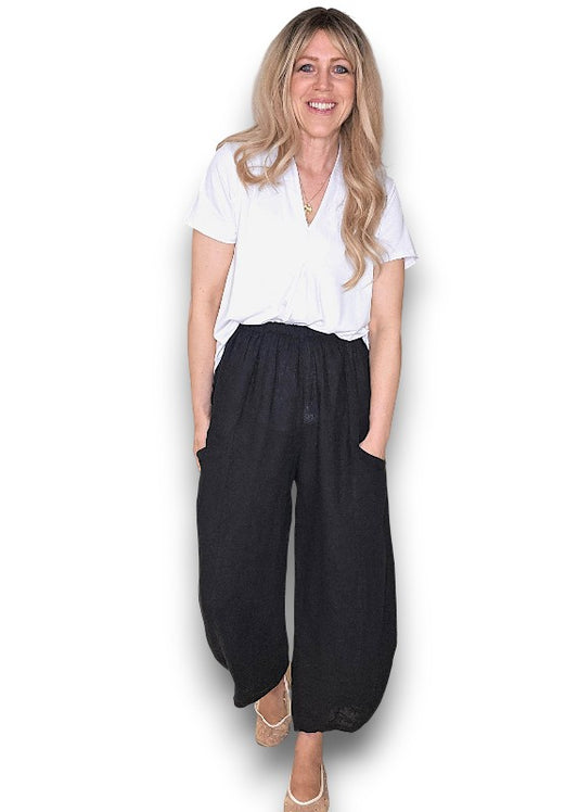 BLACK BARREL LINEN PANTS