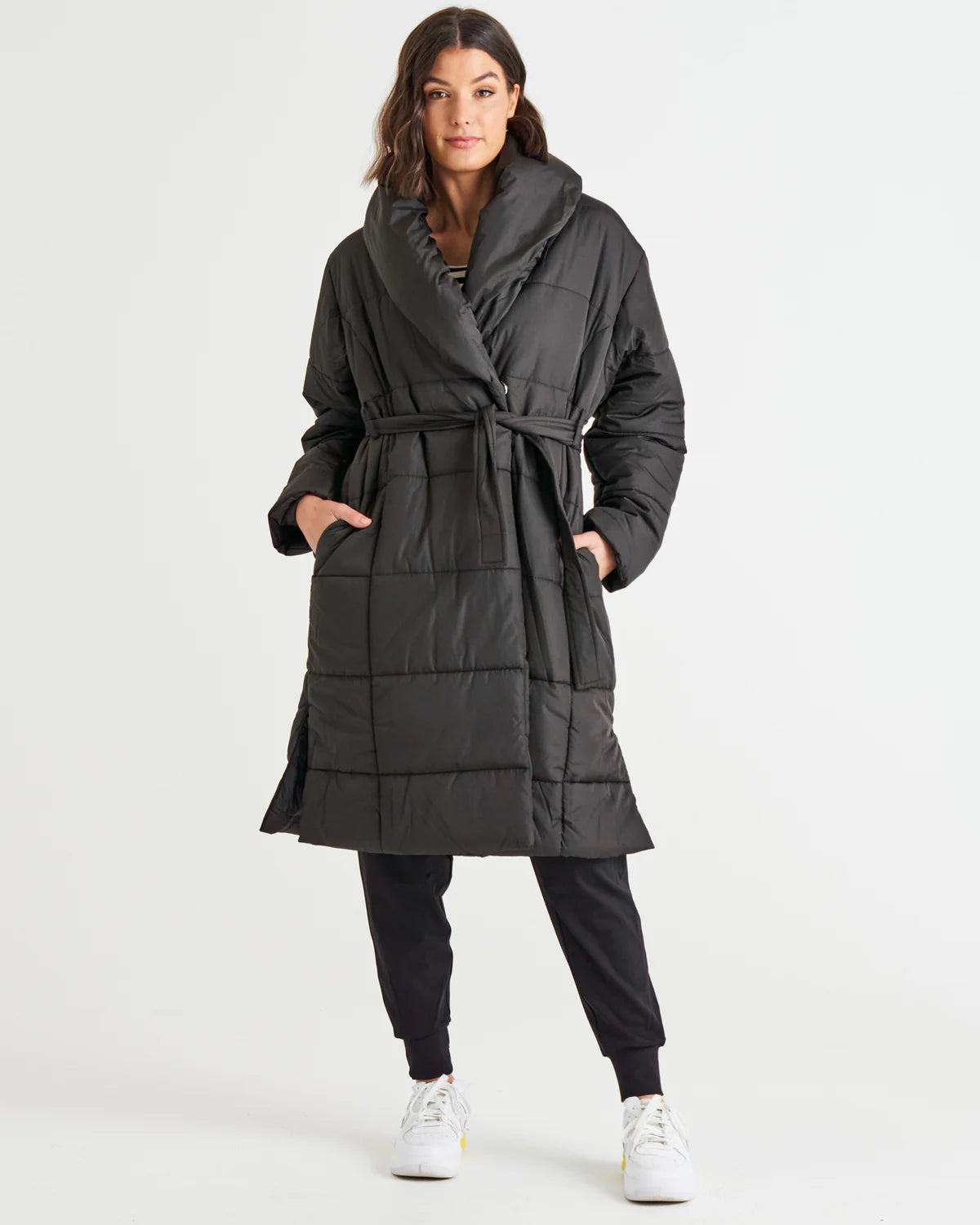 Shawl Oversized Collar Quilted Padded Puffer Jacket - Black