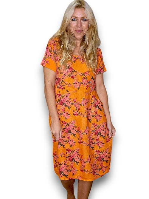 BRIGHT ORANGE FAR AWAY ROSE JUNGLE DRESS