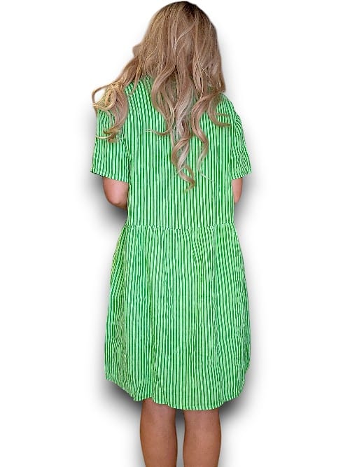 BRIGHT GREEN STRIPE MIDI COCONUT BUTTON DRESS