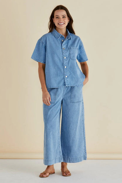Saffra Short Sleeve Denim Shirt - Medium Wash