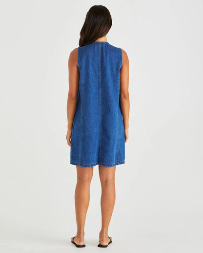SABINE DENIM VEST DRESS - MID BLUE WASH
