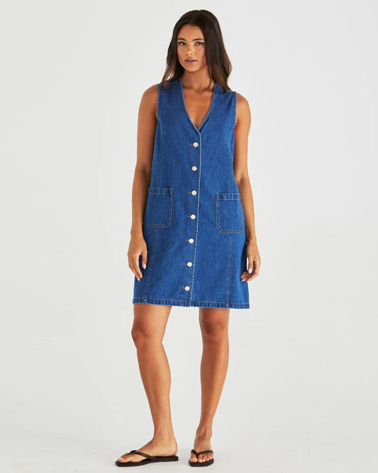 SABINE DENIM VEST DRESS - MID BLUE WASH