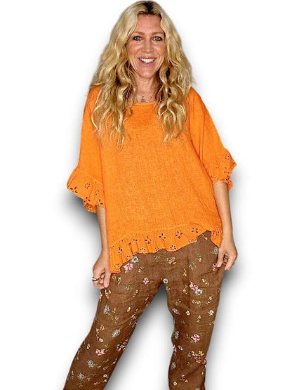 PLAIN ORANGE EYELET LACE EDGE TUNIC TOP