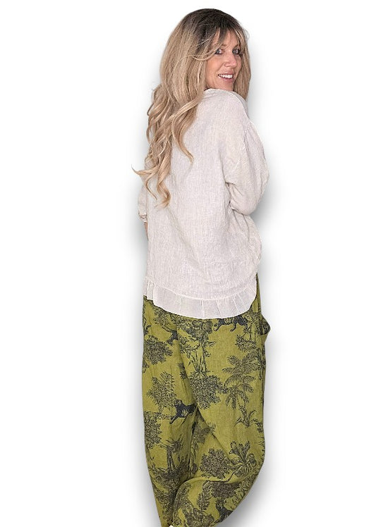 OLIVE FRENCH TOILLE BARREL LINEN PANTS