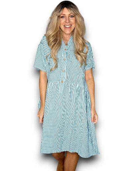 LIGHT TURQUOISE STRIPE MIDI COCONUT BUTTON DRESS