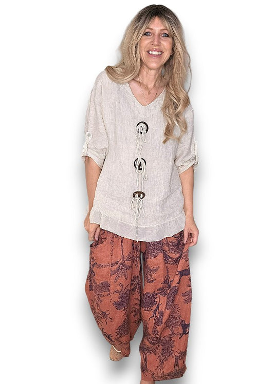 BRICK FRENCH TOILLE BARREL LINEN PANTS
