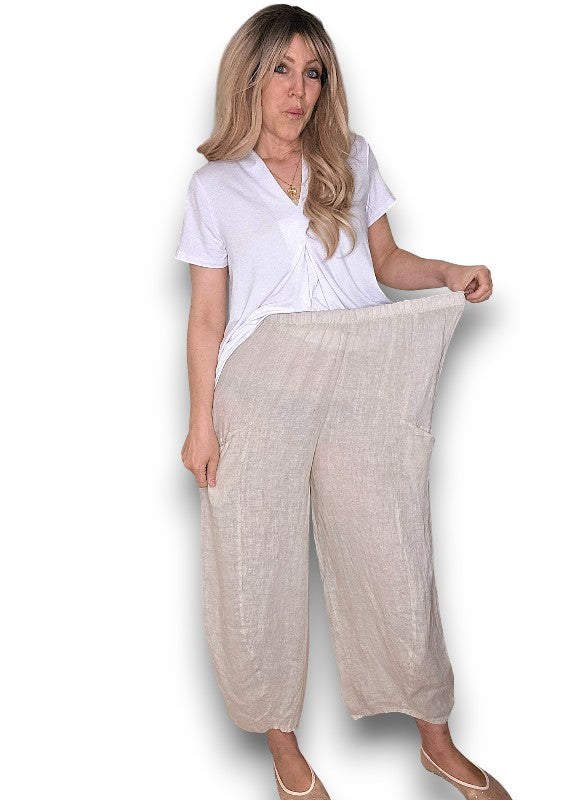 BEIGE BARREL LINEN PANTS