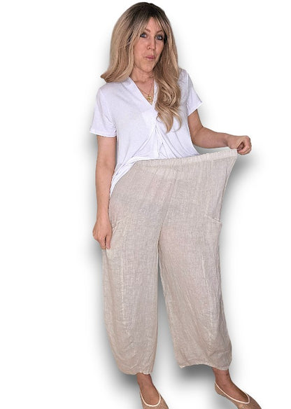 BEIGE BARREL LINEN PANTS