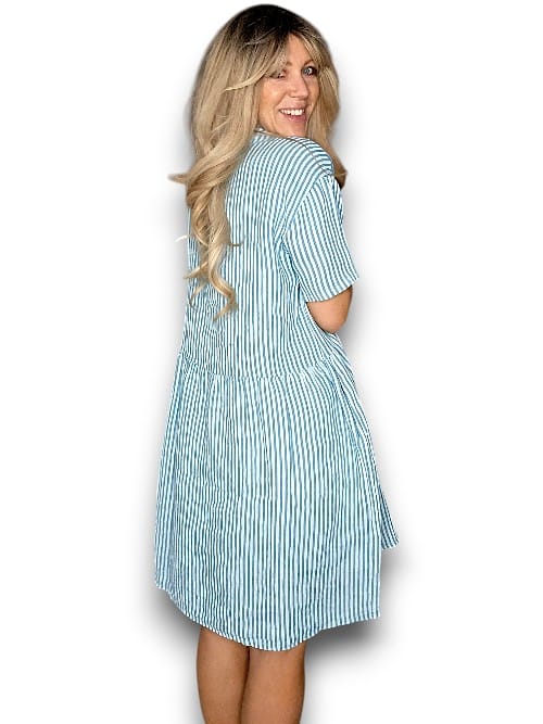 LIGHT TURQUOISE STRIPE MIDI COCONUT BUTTON DRESS