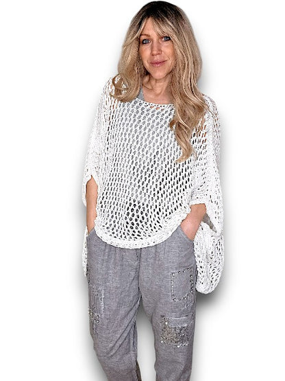 HELGA MAY WHITE GLITTER HOLLOW KNIT PONCHO