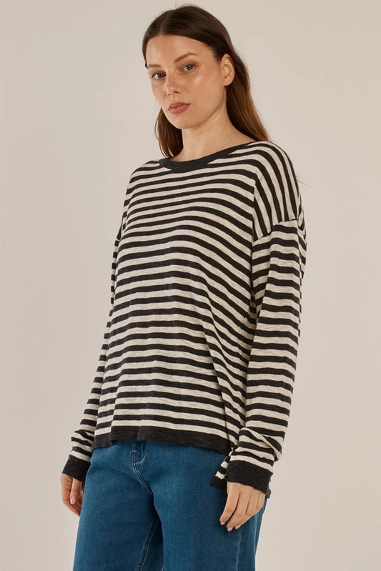 BETTY BASICS Natasha Knit Top - Black/Off-White Stripe