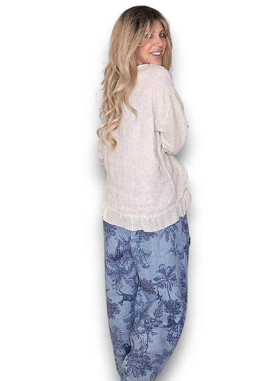 PETROL FRENCH TOILLE BARREL LINEN PANTS