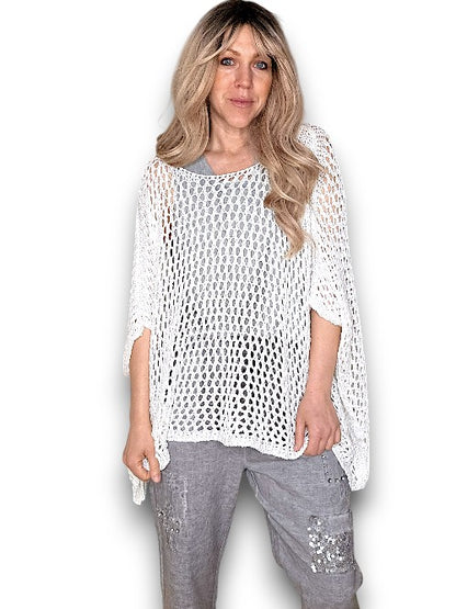 HELGA MAY WHITE GLITTER HOLLOW KNIT PONCHO