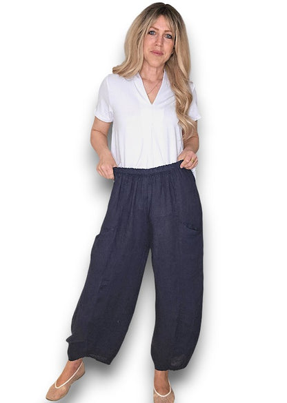 NAVY BARREL LINEN PANTS