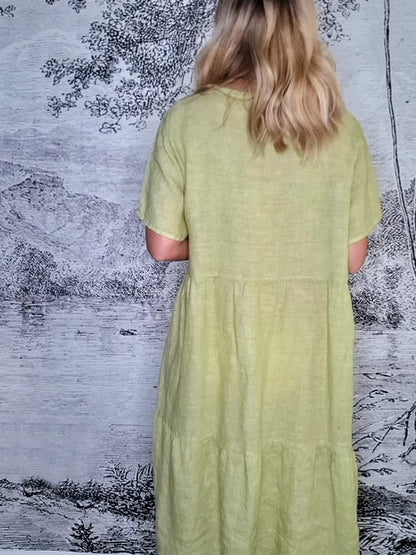 ANTIQUE LIME PLAIN OVERLAP V-NECK MIDI MAXI DRESS