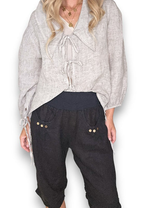 HELGA MAY BLACK PLAIN CAPRI LINEN PANT