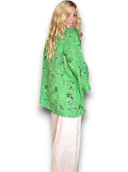 BRIGHT GREEN WILD GARDEN MADRID LINEN FRILL TUNIC