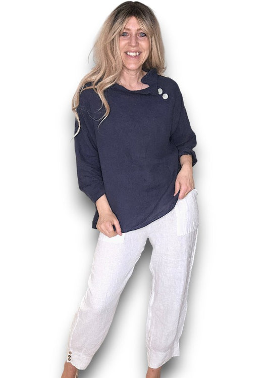 NAVY PEARL BUTTON MOKU LONG SLEEVE TOP
