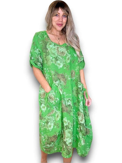 BRIGHT GREEN SCARLETT ROSE BUTTON SLEEVE MAXI DRESS