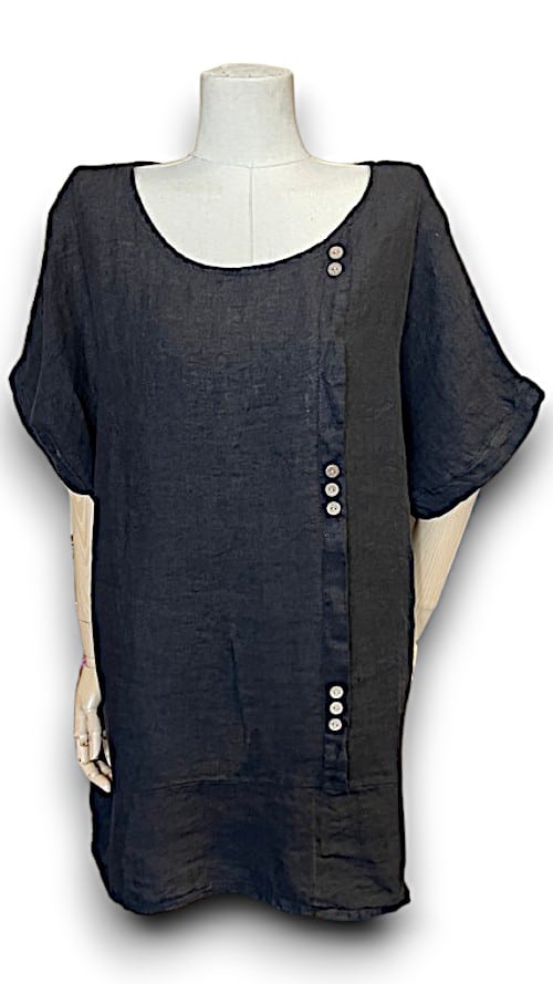 BLACK PLAIN LINEN TEE WITH COCONUT BUTTONS