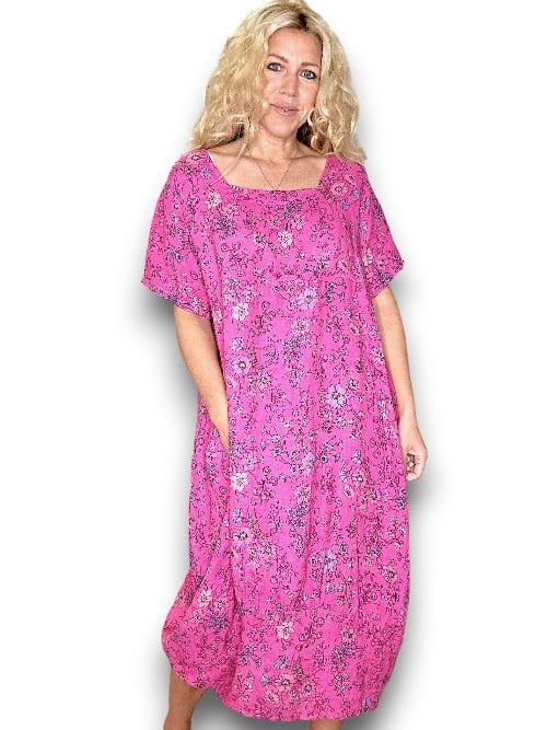 HOT PINK GRAPHIC BLOOM MID SLEEVE MAXI DRESS