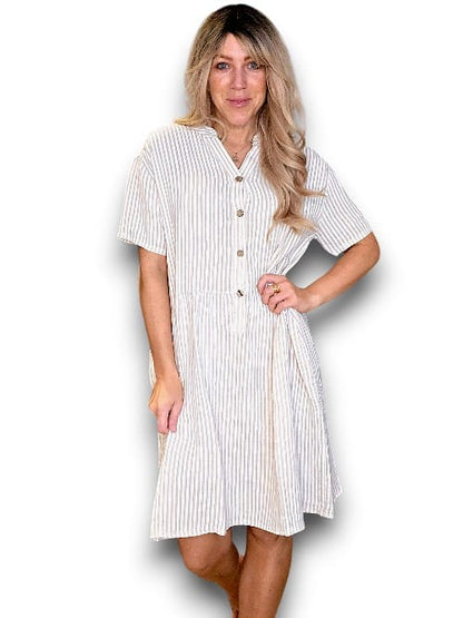 BEIGE STRIPE MIDI COCONUT BUTTON DRESS