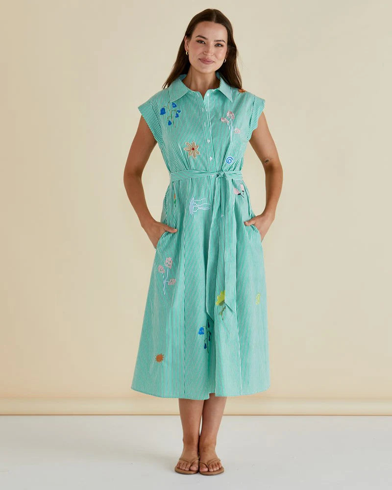 Gloria Floral Dress - Floral Green Stripe