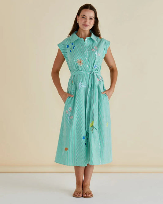 Gloria Floral Dress - Floral Green Stripe