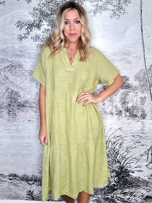 ANTIQUE LIME PLAIN OVERLAP V-NECK MIDI MAXI DRESS