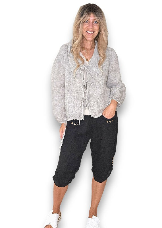 HELGA MAY BLACK PLAIN CAPRI LINEN PANT