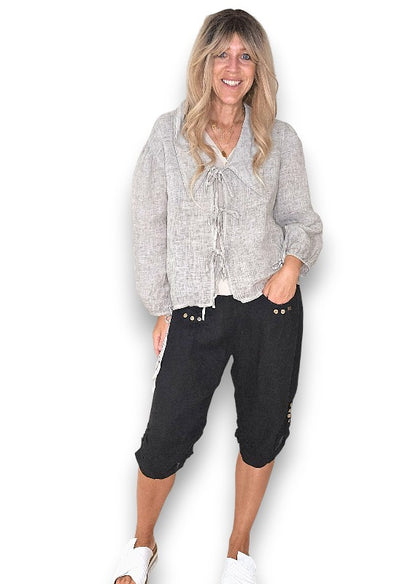 HELGA MAY BLACK PLAIN CAPRI LINEN PANT