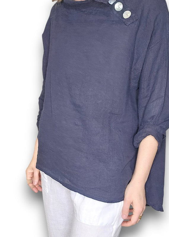 NAVY PEARL BUTTON MOKU LONG SLEEVE TOP