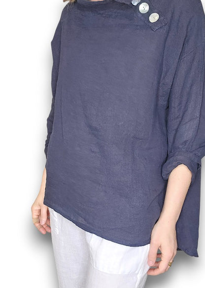 NAVY PEARL BUTTON MOKU LONG SLEEVE TOP