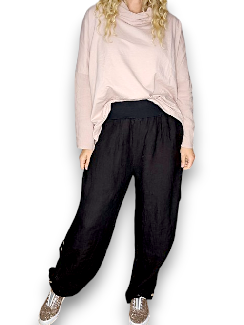 BLACK WIDE ELASTIC WAIST LINEN PANT