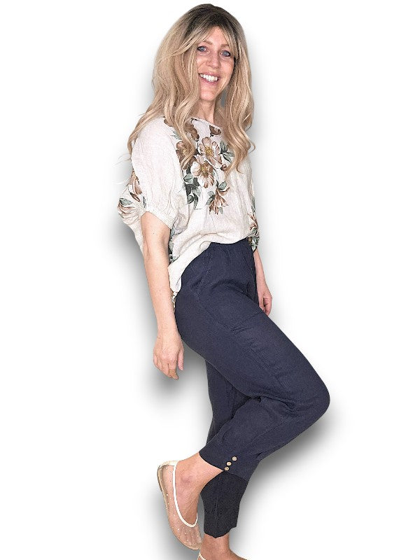 NAVY MINI BUTTON LINEN PANTS