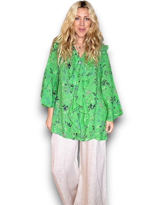 BRIGHT GREEN WILD GARDEN MADRID LINEN FRILL TUNIC