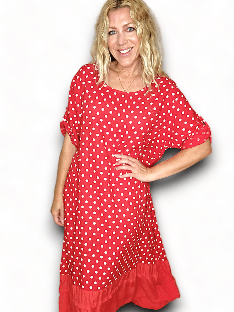 RED POLKA DOT BUTTON SLEEVE HEM DRESS