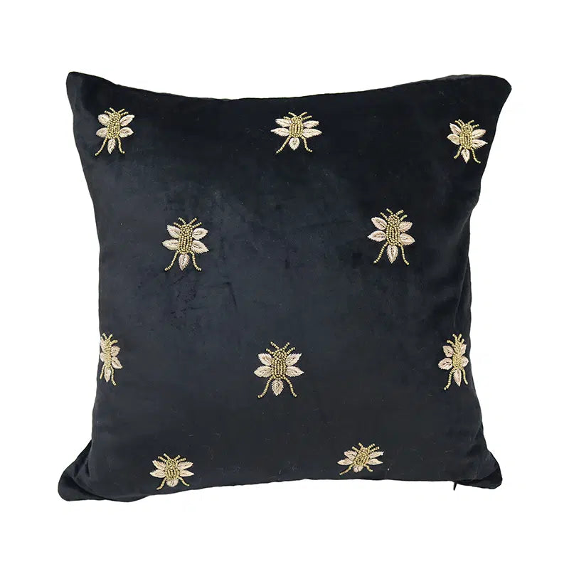 Velvet Bee Embroidered Cushion 45x45cm - Black