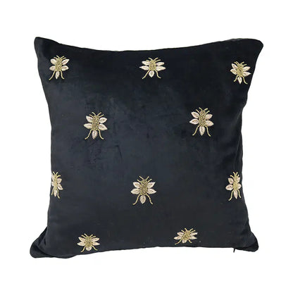Velvet Bee Embroidered Cushion 45x45cm - Black