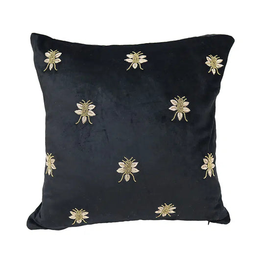 Velvet Bee Embroidered Cushion 45x45cm - Black