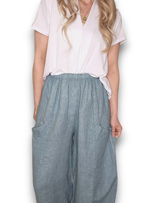 SEAFOAM BARREL LINEN PANTS
