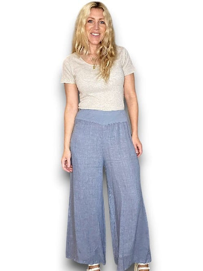 PETROL WIDE ELASTIC WAIST LINEN PANT WITH PKTS