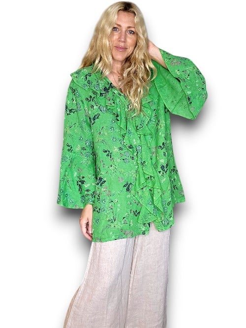 BRIGHT GREEN WILD GARDEN MADRID LINEN FRILL TUNIC