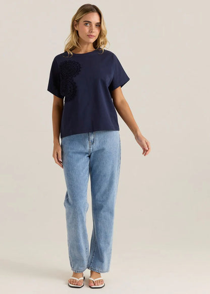 Mira Crochet Tee - Navy