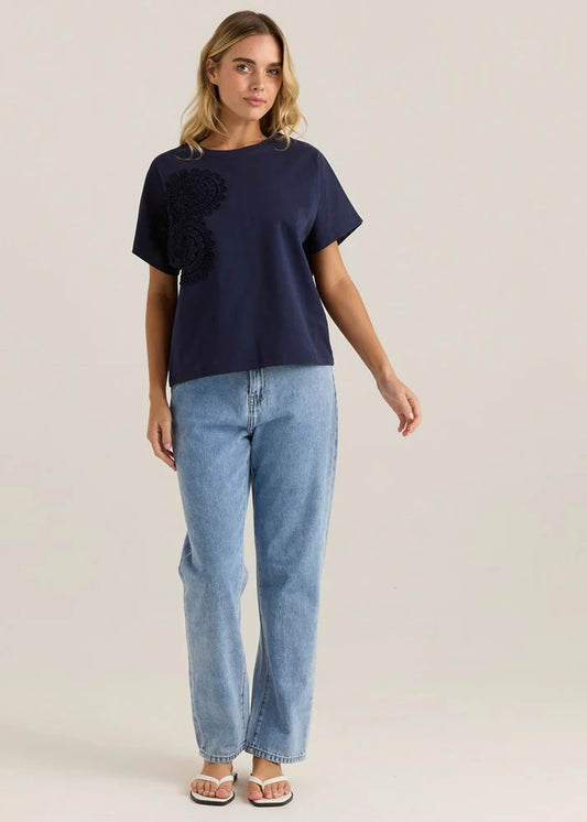 Mira Crochet Tee - Navy