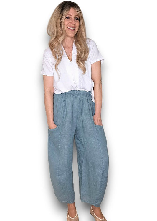 SEAFOAM BARREL LINEN PANTS