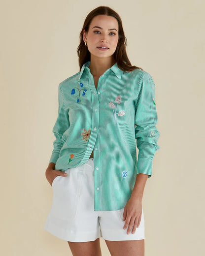 Kimmie Floral Shirt - Floral Green Stripe