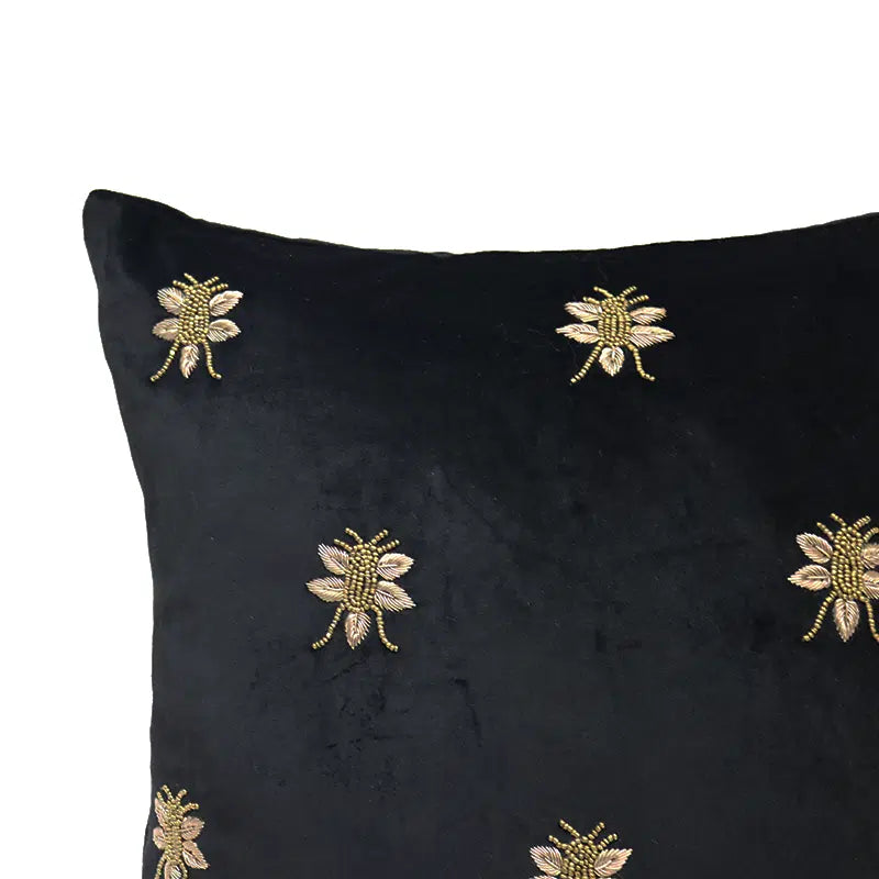 Velvet Bee Embroidered Cushion 45x45cm - Black
