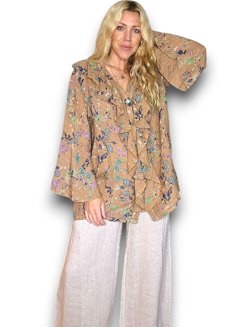 COFFEE WILD GARDEN MADRID LINEN FRILL TUNIC